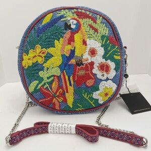 Colorful Beaded AMERICA & BEYOND Parrot Design Circular Crossbody Bag , NWT